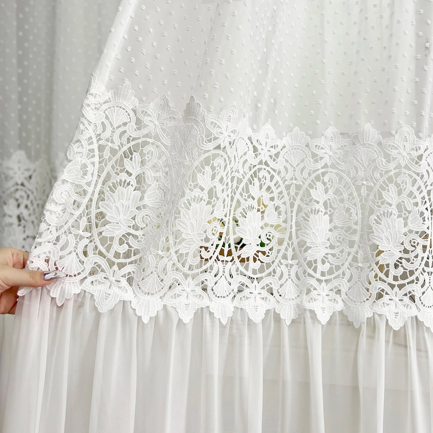 French Romantic Lace Tulle Sheer Curtains, Hollow Flower Light Filtering Drape for Bedroom, 300cm Height Extra Long Curtain