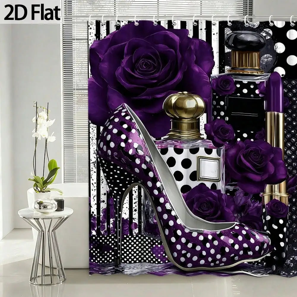 2D Flat, 1pc 2D Flat Shower Curtain with Rose Floral Pattern, Paired with Black and White Polka Dots and High Heels