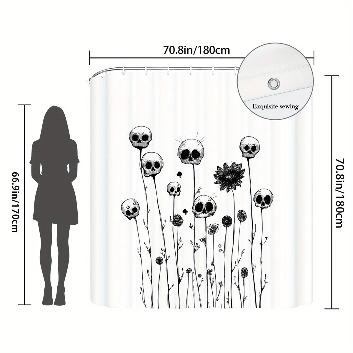 1pc Skull Floral Shower Curtain - Black & White Digital Art with Textured Petals, Horror Whimsical Surreal Nature Design, Machine Washable