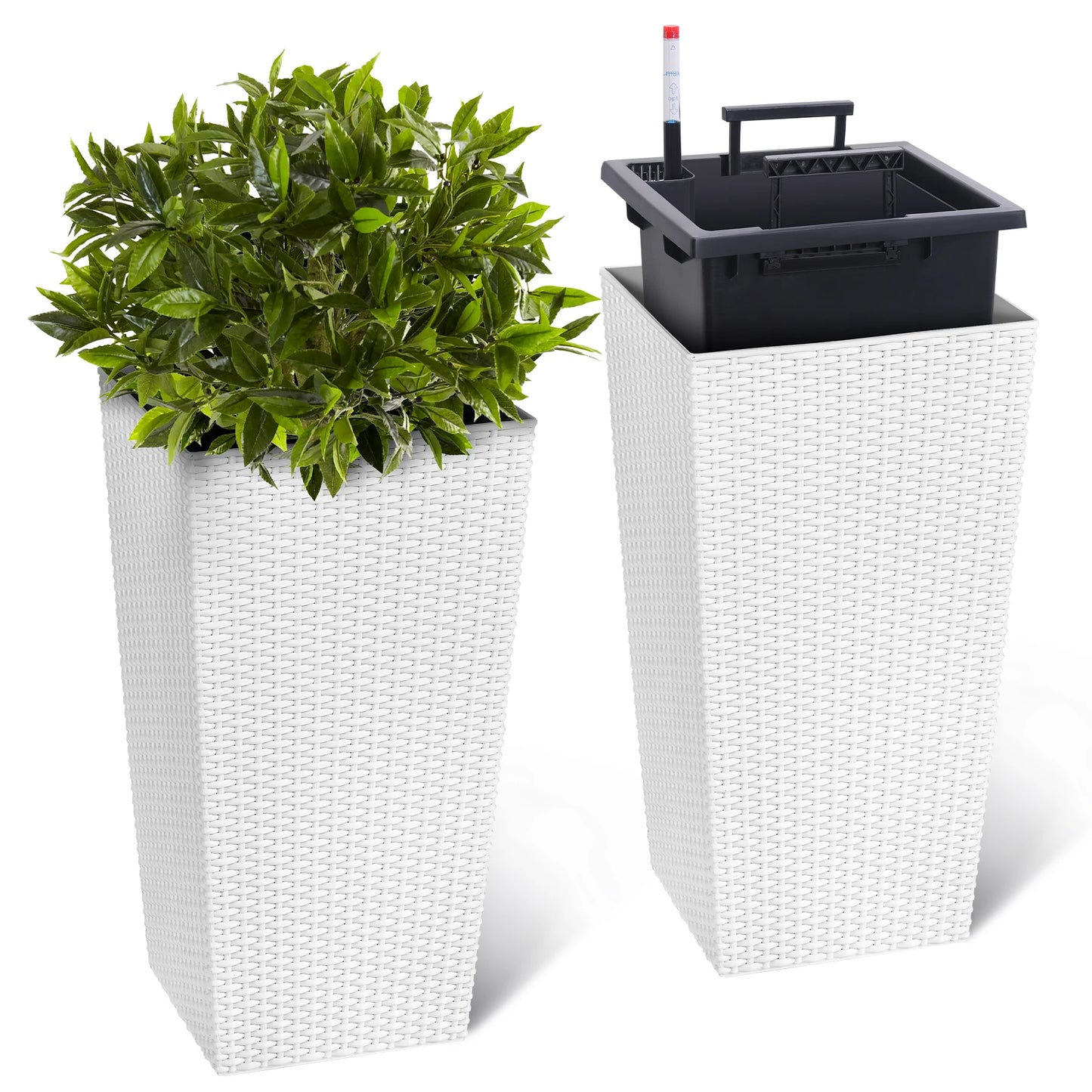 16inch/22.5inch Tall Rattan Planter Set of 2 Outdoor and Indoor Plant Pots with Water Level Monitor & Wheels, Large Flower Pot