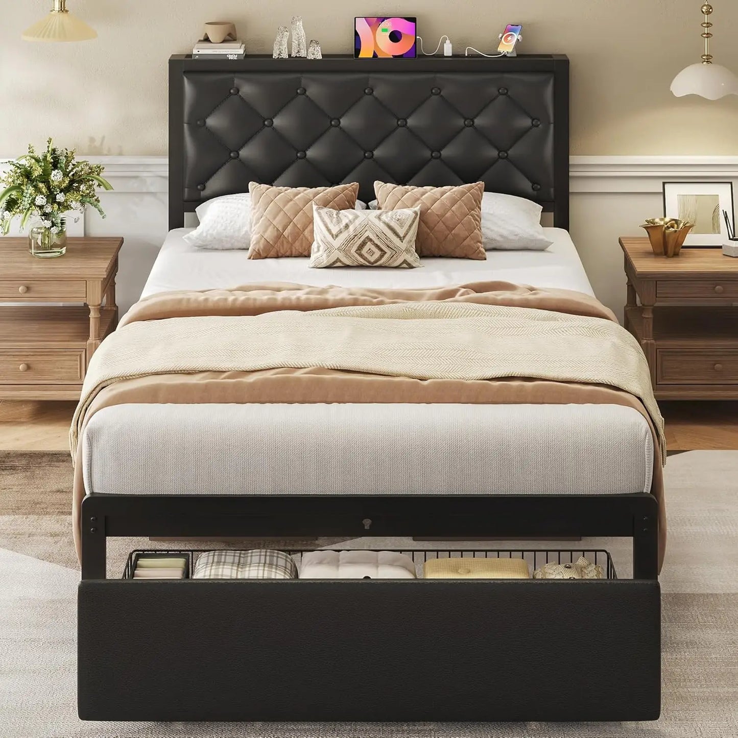 Twin Bed Frame with Storage Drawer, Upholstered Headboard Button Tufted Bed Frame with Charging Station, No Box Spring Needed, Noise-Free, All Metal Structure, Black