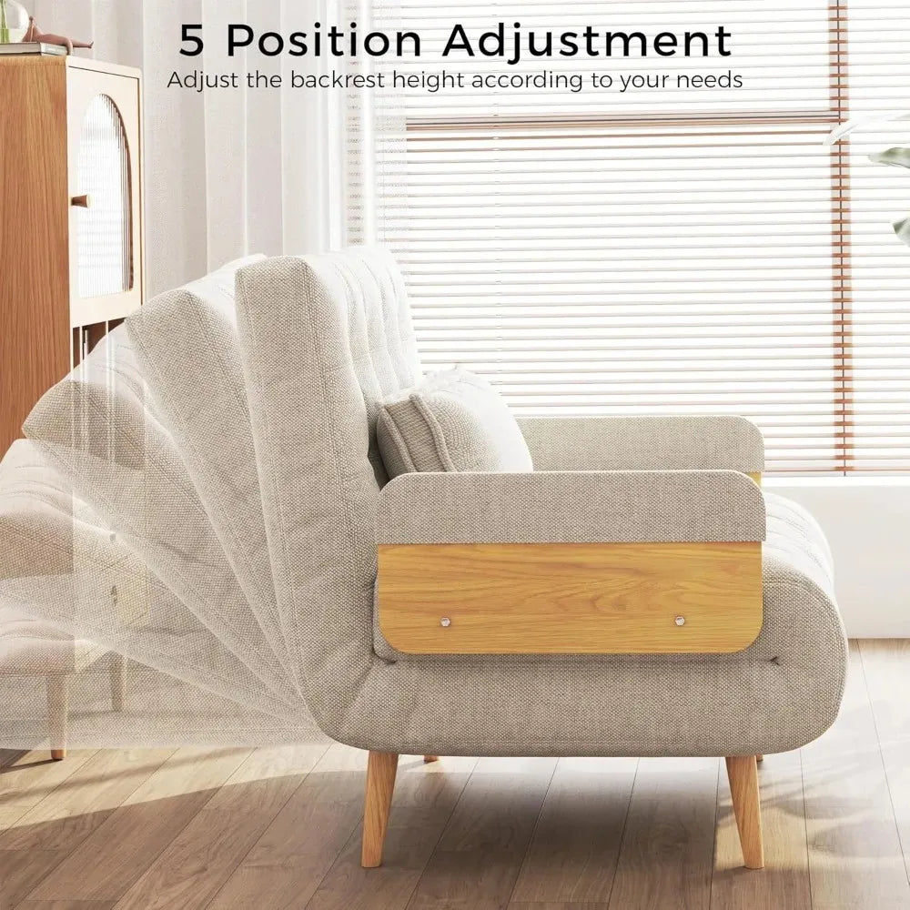 Linen 3-in-1 Convertible Chair Bed Sleeper for Adults Foldable Single Futon with Wooden Arms And Pillows - Comfortable, Customized