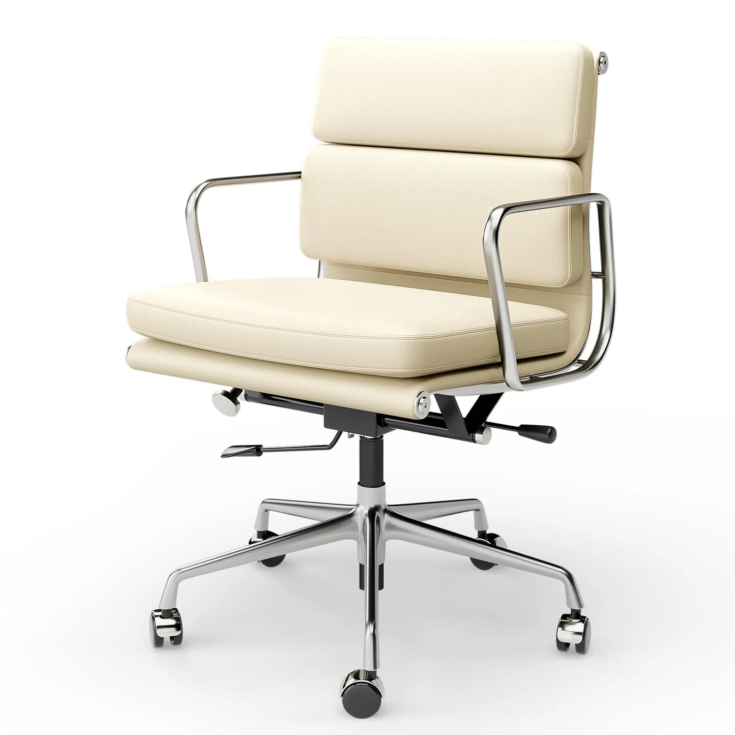 Mid Back White Soft Pad Office Chair Genuine Leather Executive Desk with Lumbar Support Ergonomic Computer Chair
