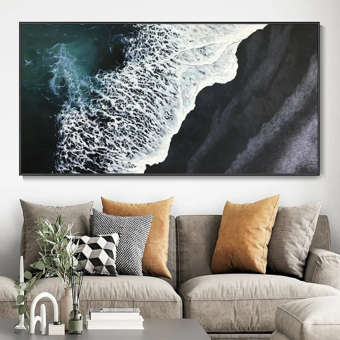Large Sea Canvas Oil Painting Handmade Blue Sea Landscape Abstract White Wave Painting Textured Sea Painting Living Room Decor