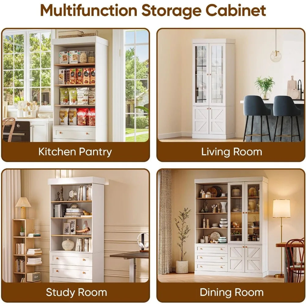 71" high rustic white farmhouse kitchen pantry cabinet with glass doors & adjustable shelves