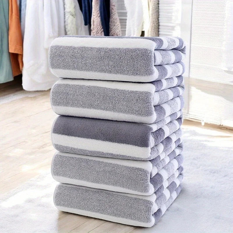 Blue White Striped Large Microfiber Bath Towel Set, Super Absorbent Quick Dry Soft Beach Towel, Oversized Striped Shower Towel F