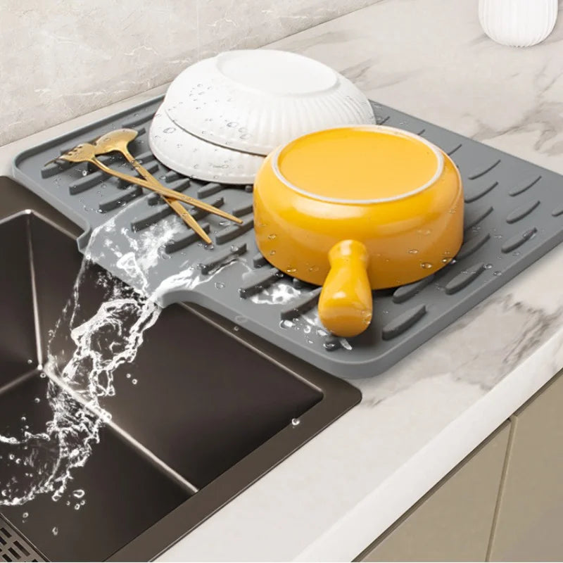 Heat Resistant Silicone Dish Drying Mat Non Slip Drainage Sink Counter Pad Easy Clean Kitchen Tableware Mat Space Saving Storage