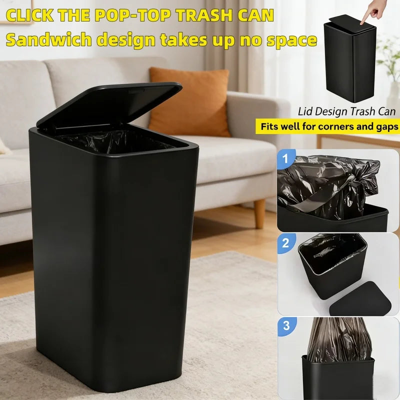 202610L Pop-Up Ultra-Thin Trash Can, Bathroom And Kitchen Trash Can, Space-Saving, Leak-Proof And Odor-Proof Trash Can With Lid