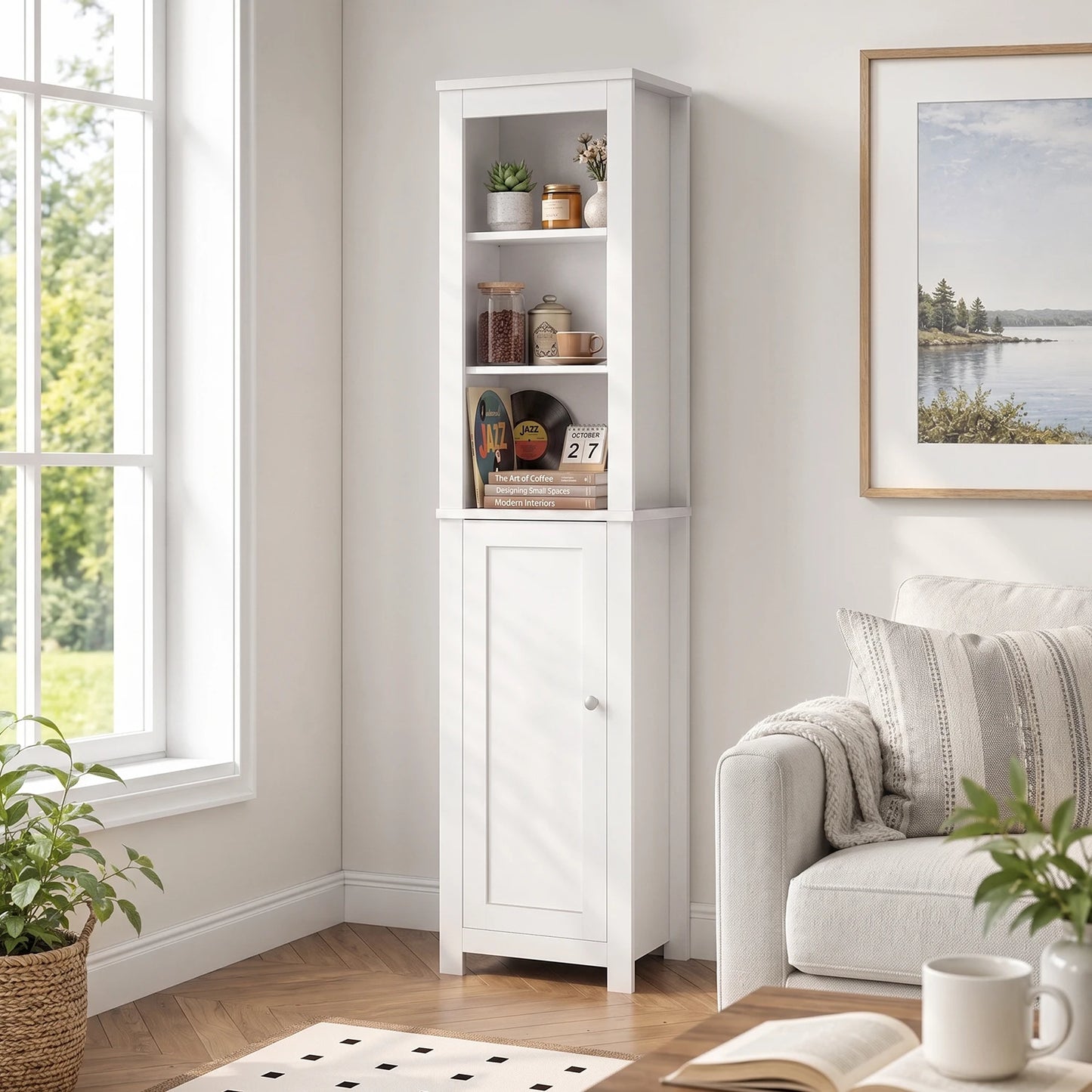 TinyNest Bathroom Storage Cabinet, 66.1 inch Tall Wood Floor Narrow Cabinet with Adjustable Shelves & Doors & Anti-Tip Design, Freestanding Toilet Closet Organizer for Bedroom, Living Room, Entryway, Kitchen