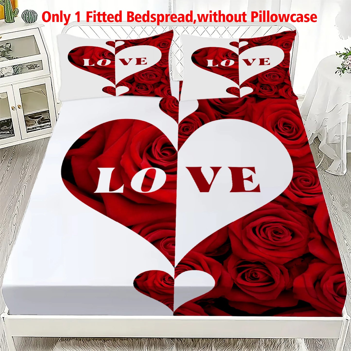 1 Piece Romantic Rose Love Heart Fitted Sheet Red White Soft Microfiber Bedding For Valentines Day Bedroom Decor