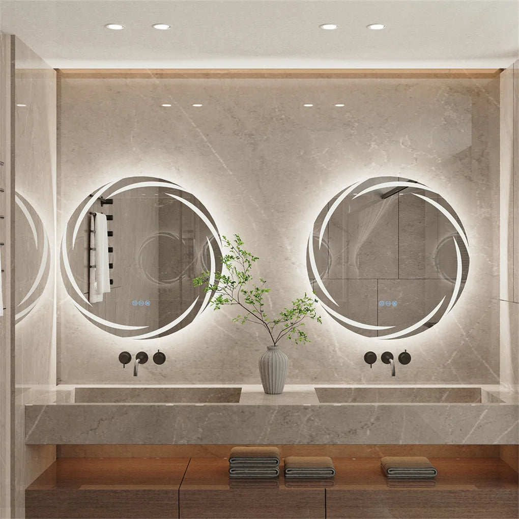 Anti-fog LED Bathroom Mirror Circle Backlit HD Wall Mounted Vanity Mirror Shatterproof 3 Colors Lights Adjust