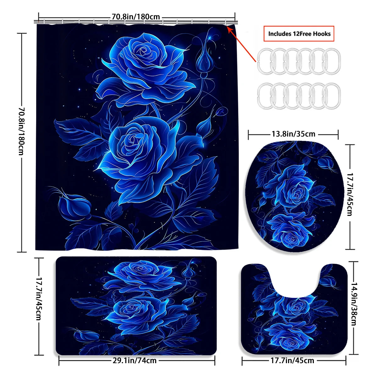4Pcs Glowing Blue Rose Shower Curtain Set with Hooks, Neon Floral Starry Night Print Waterproof Mildew Resistant Fabric Bath Mat for Family Bathroom Home Decor