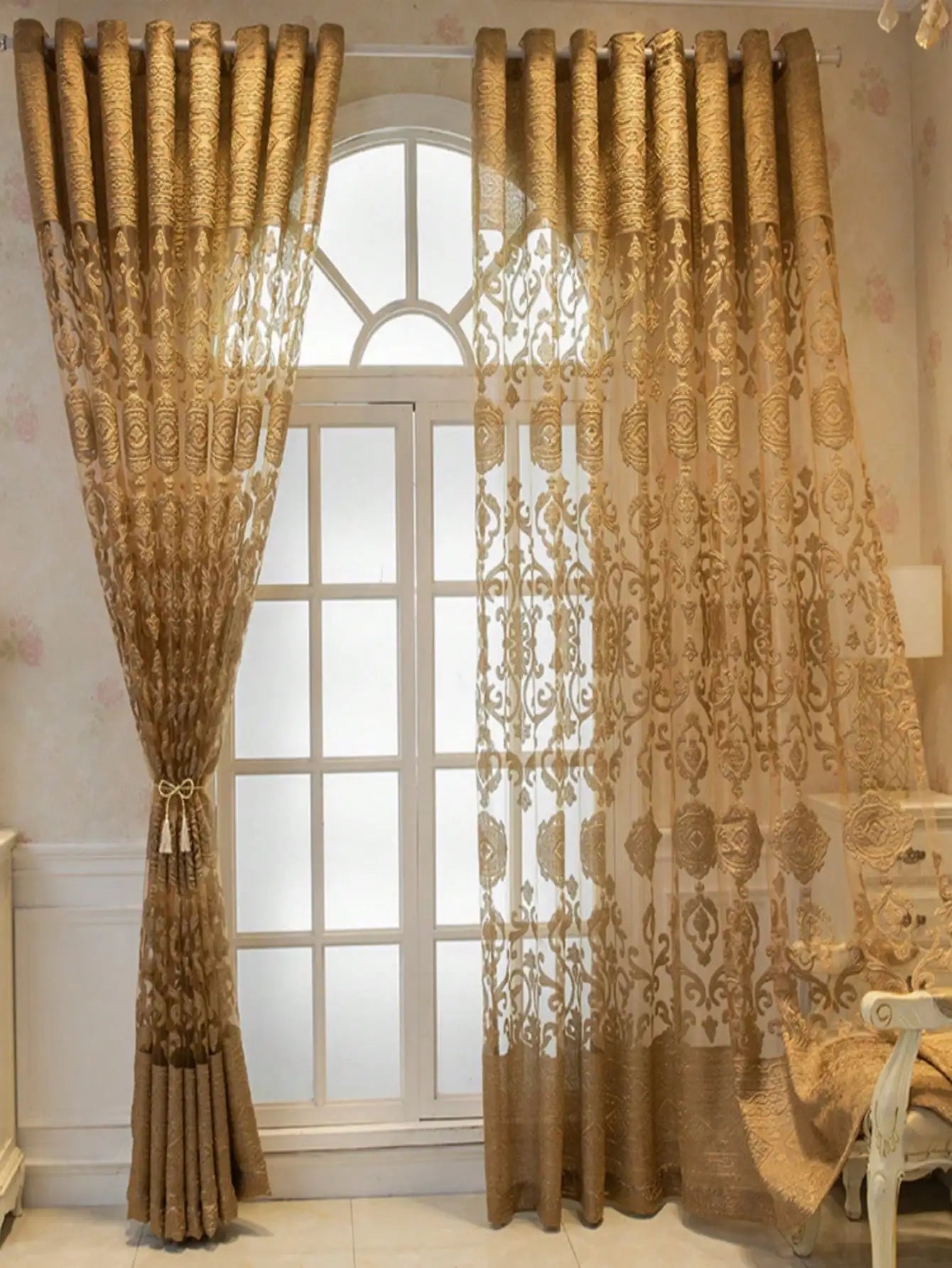1pc High End luxury European embroidered window curtains, living room bedrooms, balconies, palace gold shading