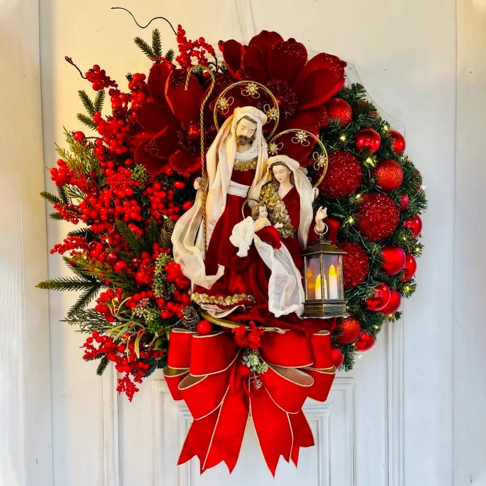 Hot sale Red Christmas Wreath Jesus Sacred Wreath Home Door Hanging Artificial Garland Christmas Home Decoration Party Supplies