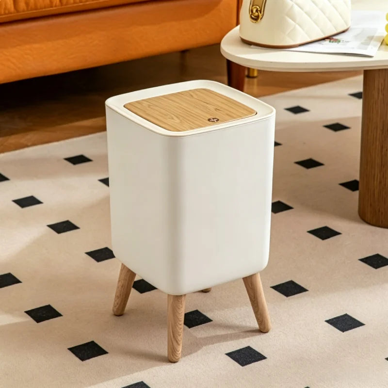 Nordic Standing Press‑Lid Trash Can, Square Cream White Plastic Waste Bin With Decorative Wooden‑Look Legs, Lidded Odor‑Proof Decorative Garbage Bin for Bedroom, Bathroom, Living Room