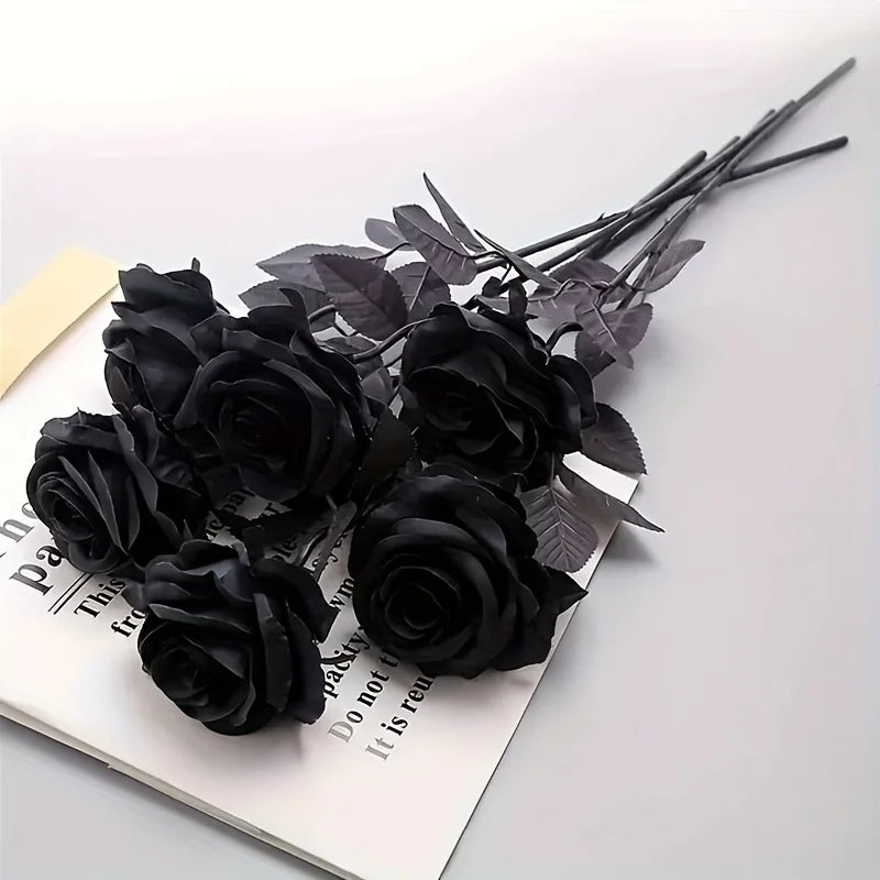 Artificial Black Roses Fake Flowers, Long Stem, with No Container, for Halloween, Home Decor, Tabletop