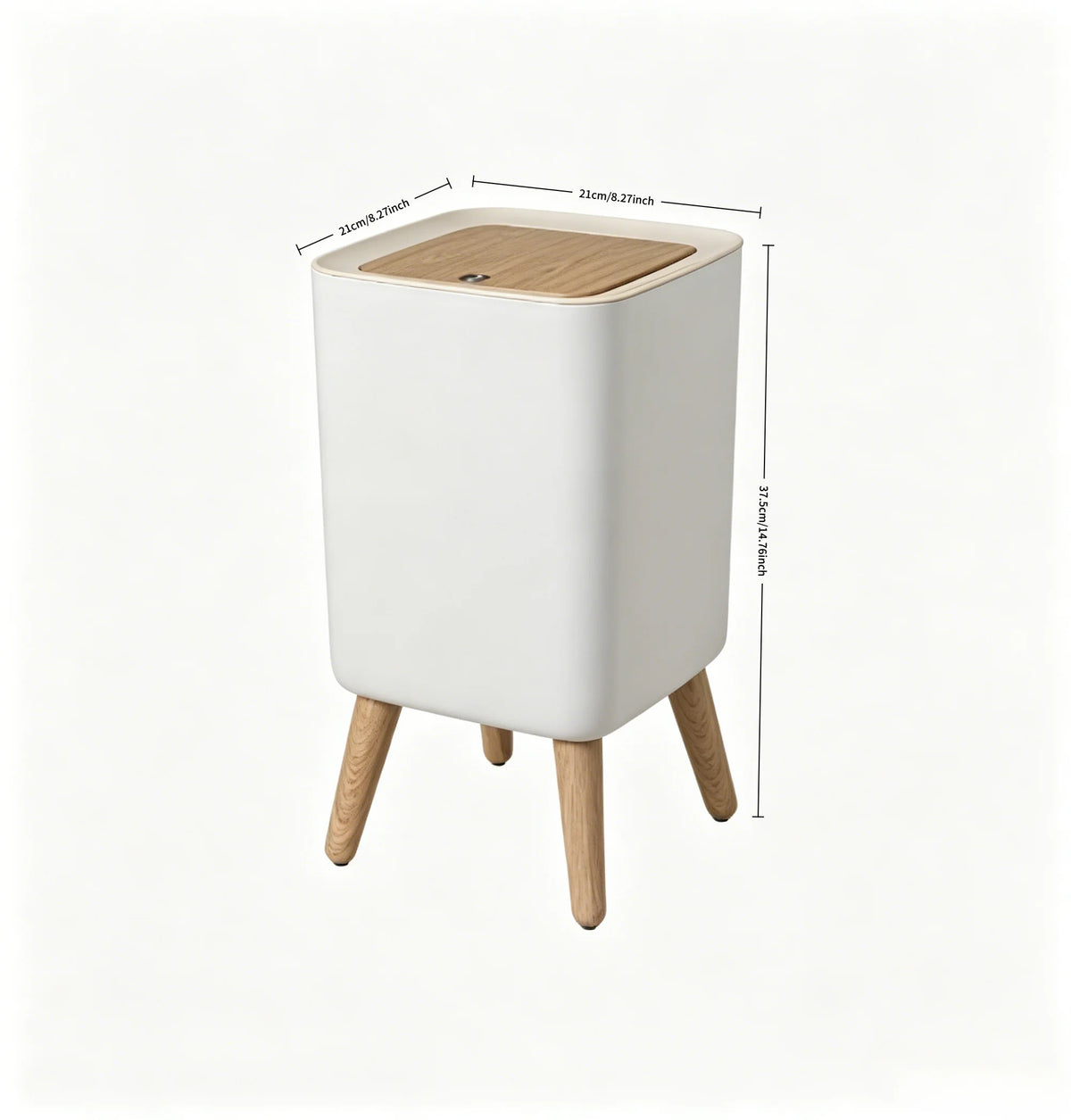 Nordic Standing Press‑Lid Trash Can, Square Cream White Plastic Waste Bin With Decorative Wooden‑Look Legs, Lidded Odor‑Proof Decorative Garbage Bin for Bedroom, Bathroom, Living Room