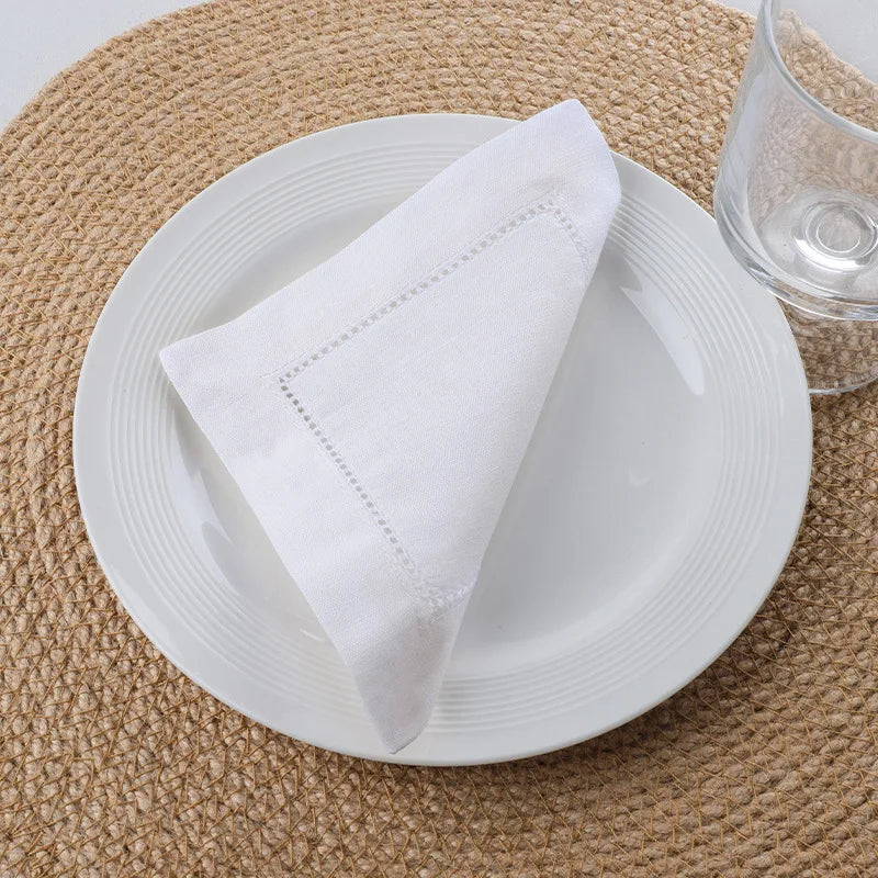 Set of 12 White Linen&Cotton Hemstitched Cocktail Napkins 6X6 Inch Washable Cloth Napkin Coasters for Wedding Bar Beverage Party