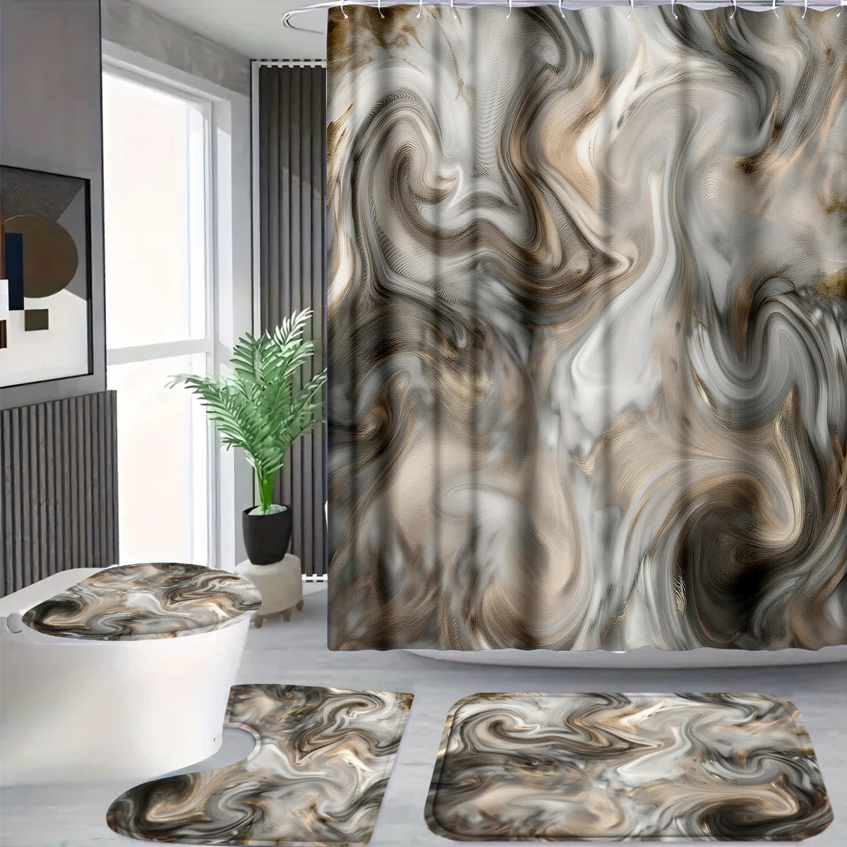 4 Pcs/Set Brown Marble Swirl Shower Curtain Bathroom Set, Neutral Abstract Print Waterproof Mildew Resistant Fabric, Family Bathroom Decor, Modern Minimalist & Neutral Style Bath Mat Set, Fits Apartment, Guest Bathroom, Home