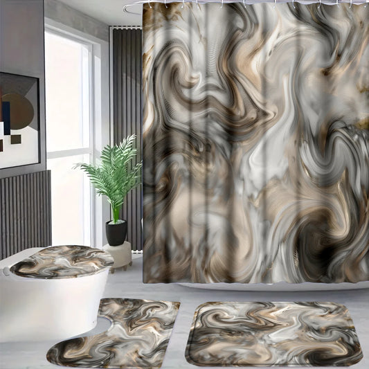 4 Pcs/Set Brown Marble Swirl Shower Curtain Bathroom Set, Neutral Abstract Print Waterproof Mildew Resistant Fabric, Family Bathroom Decor, Modern Minimalist & Neutral Style Bath Mat Set, Fits Apartment, Guest Bathroom, Home