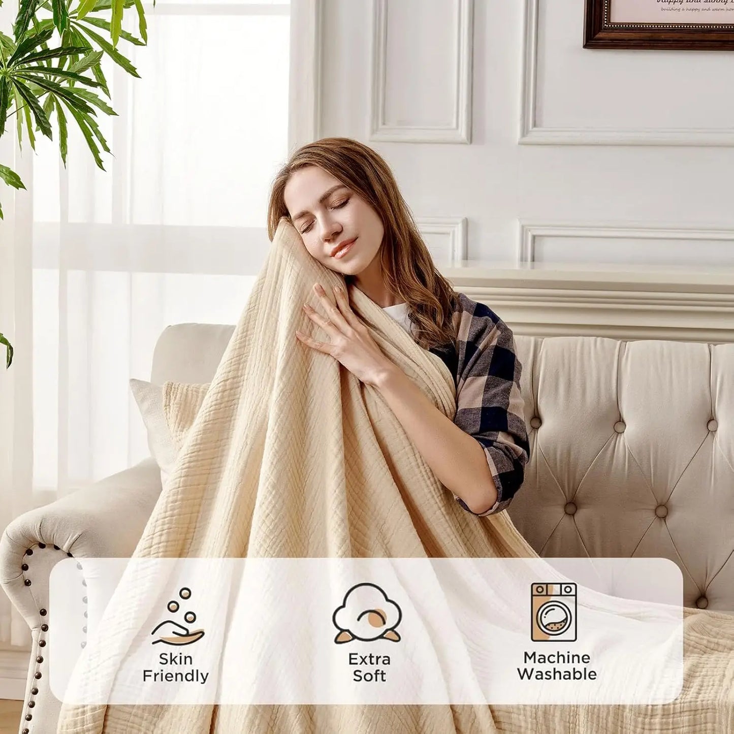 100% Cotton Muslin Throw Blanket for Couch, Bed, Sofa - Lightweight, Breathable, All-Season Luxury Gift in Light Tan