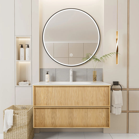 40-Inch Floating Bathroom Vanity with Sink, Natural Oak Fluted Front, Multi-Layer Solid Wood, Wall-Mounted, White Stone Top