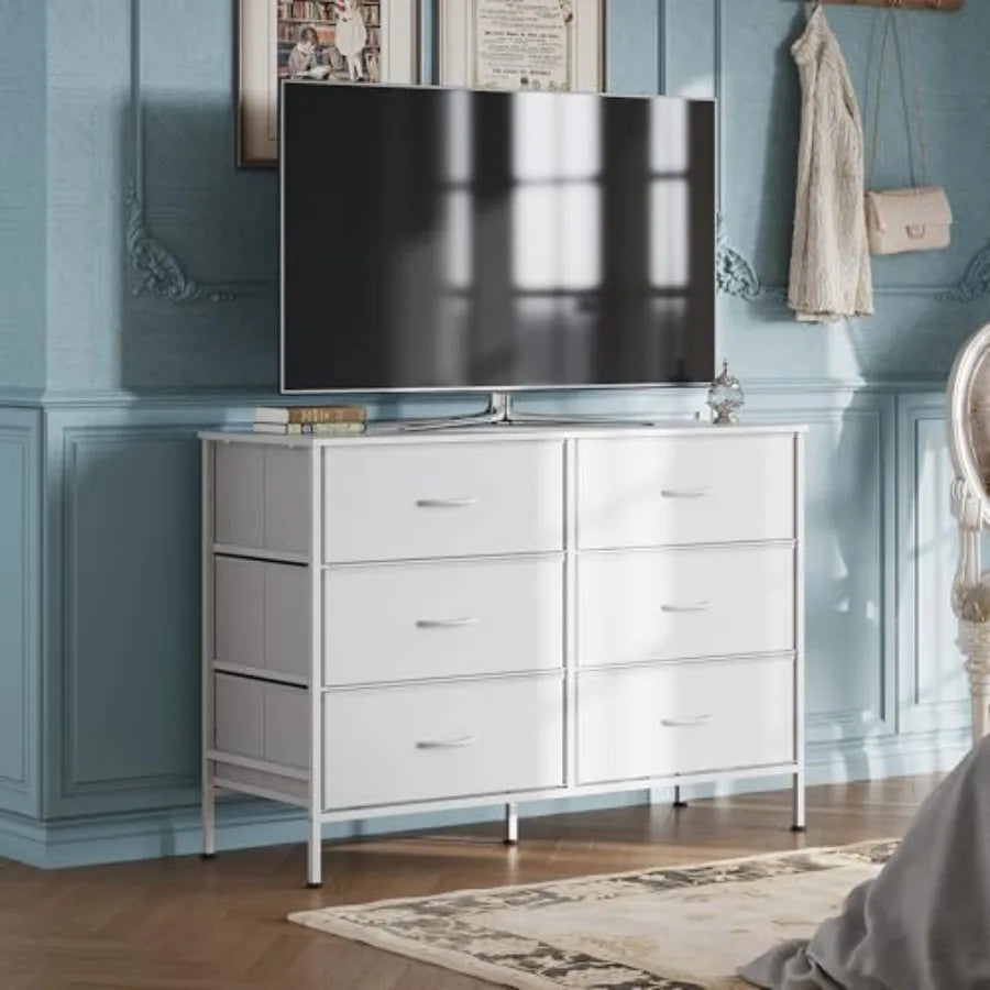 Wide Dresser with 6 Fabric Drawers, TV Stand for 50" TV, Closet Dresser with Metal Frame, Wooden Top, Fabric Dressers for Bedroom