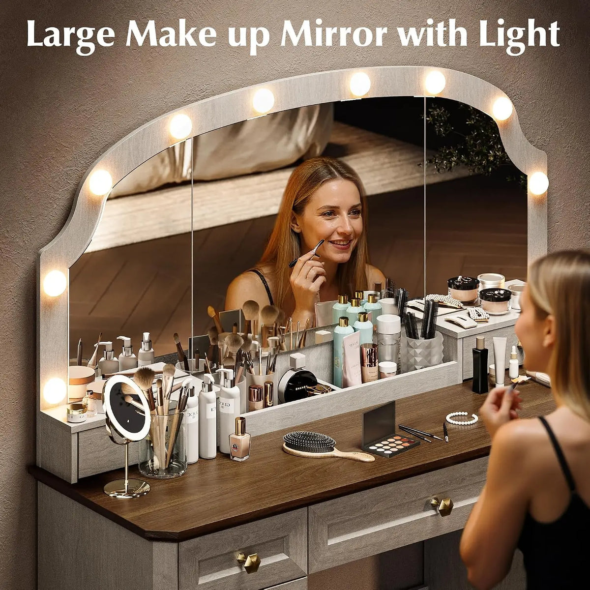 Farmhouse Makeup Vanity Desk with Mirror and Lights, 47'' Vanity Table with 8 Storage Drawers 1 Cabinet & 2, Customized