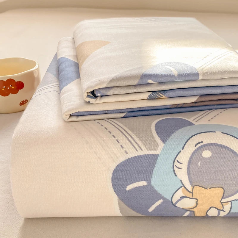 All Season Comfort 100% Cotton Flat Sheet , Soft Breathable Cute Cartoon Print Top Sheet, Wrinkle Resistant Fade Resistant