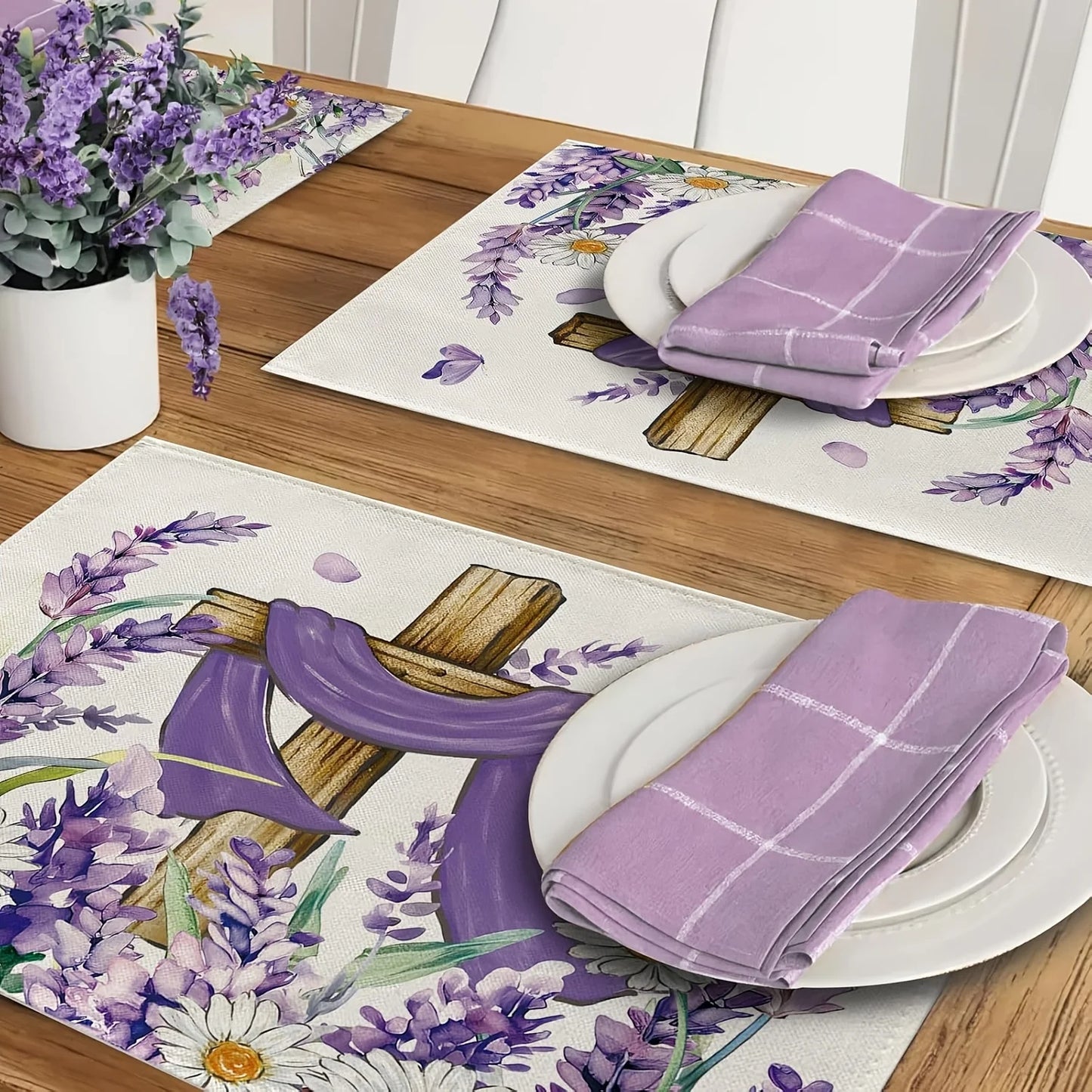 4pcs, Placemats, Easter Religious Cross Flower Pattern Table Mats Set, Spring Summer Lavender Daisy Floral Faith Christian Dining