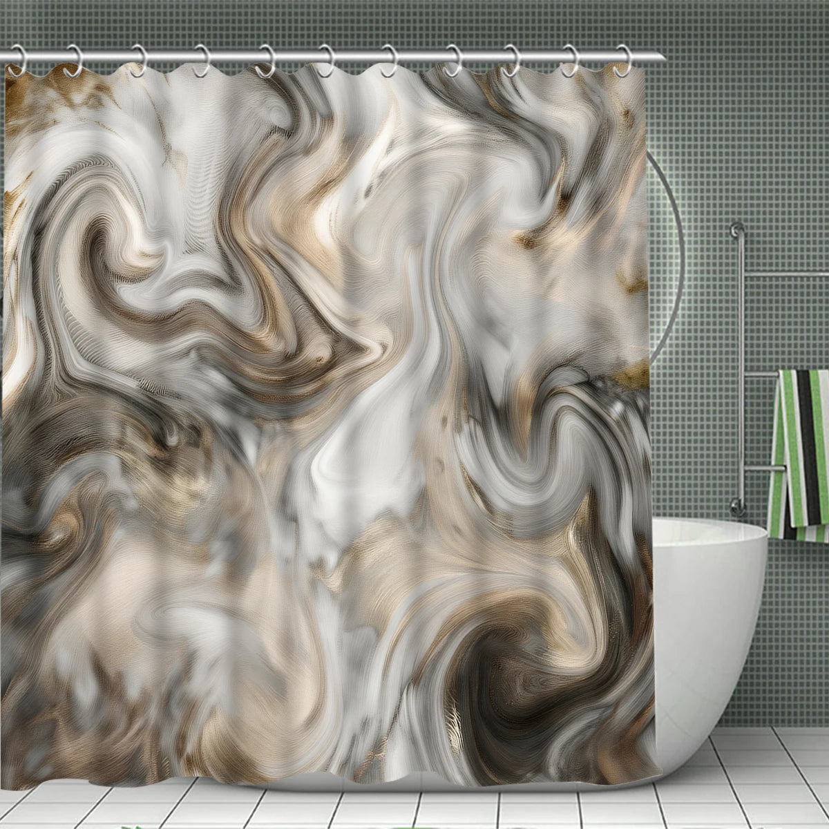 4 Pcs/Set Brown Marble Swirl Shower Curtain Bathroom Set, Neutral Abstract Print Waterproof Mildew Resistant Fabric, Family Bathroom Decor, Modern Minimalist & Neutral Style Bath Mat Set, Fits Apartment, Guest Bathroom, Home