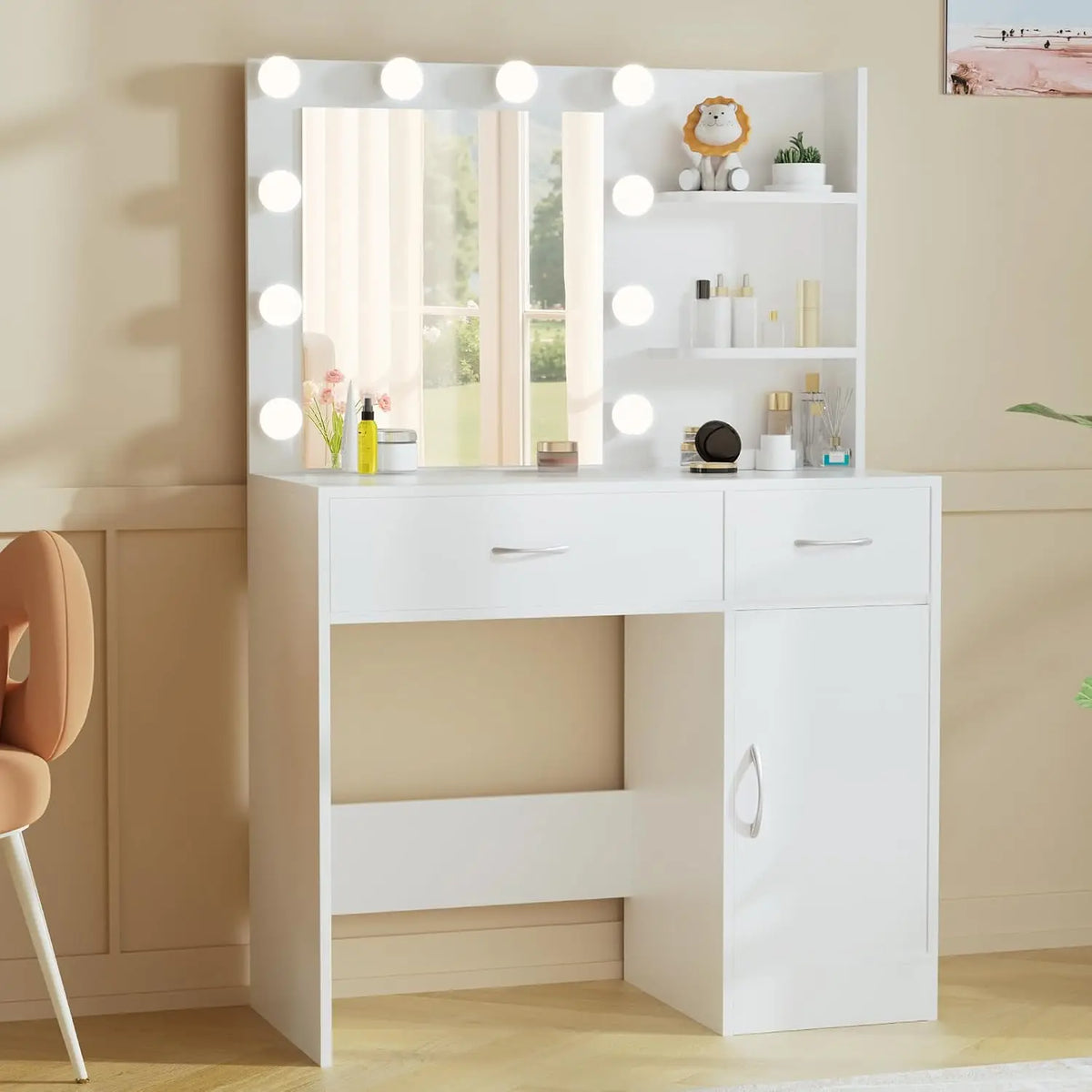 35.4" White Makeup Vanity Desk With Large Mirror & 10 Dimmable Hollywood Light Bulbs,Storage Cabinet, Customized