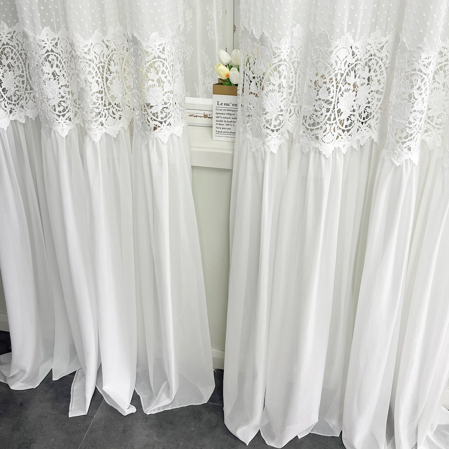 French Romantic Lace Tulle Sheer Curtains, Hollow Flower Light Filtering Drape for Bedroom, 300cm Height Extra Long Curtain
