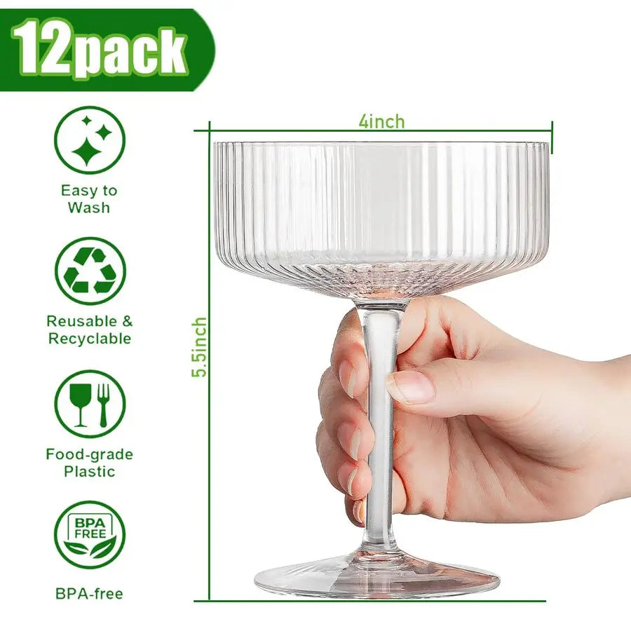 12 Pcs Acrylic Martini Glasses, 10oz Shatterproof Plastic Champagne Tower, Unbreakable Ribbed Coupe Glasses, Stem Cocktail Glass