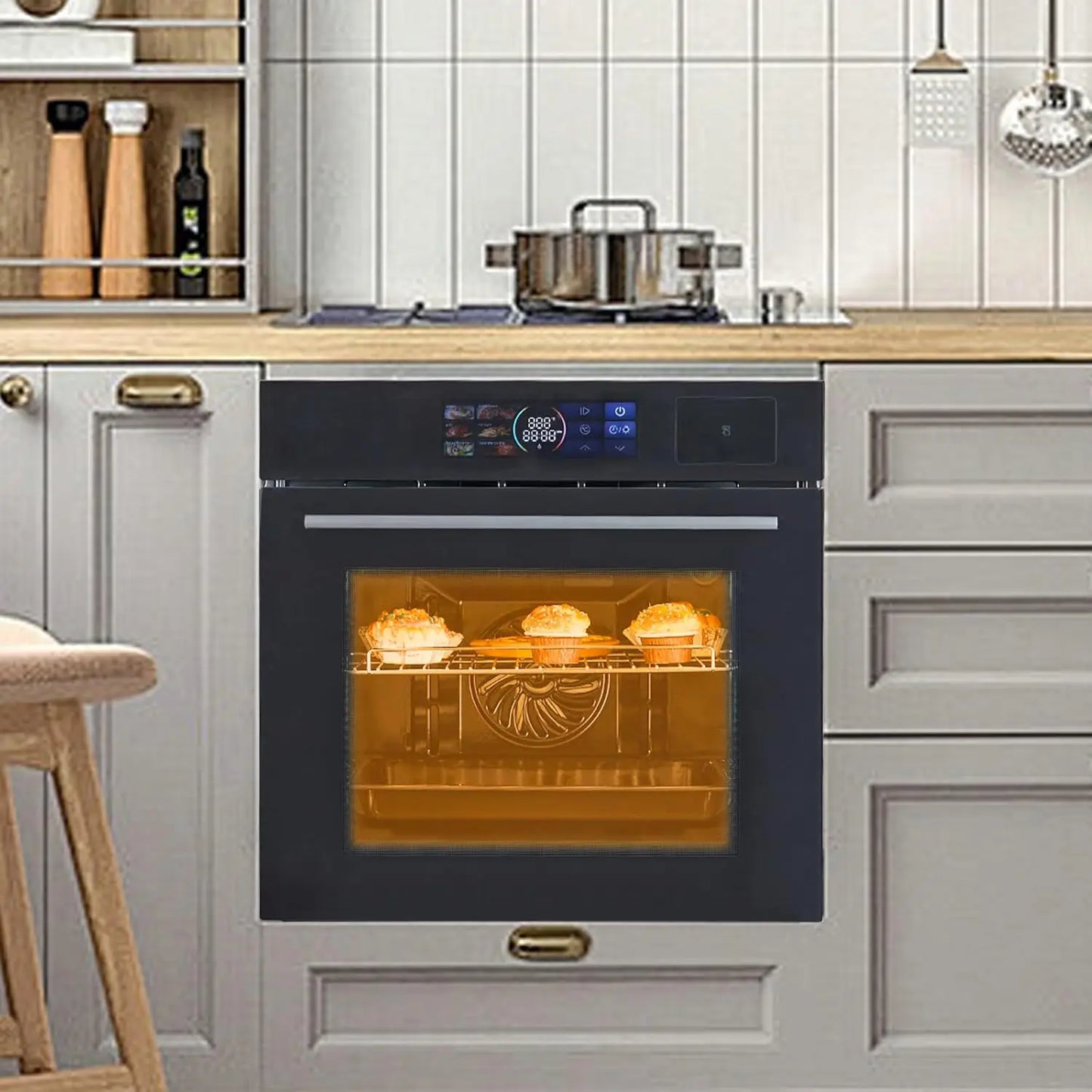 24" Built-in Electric Ovens with 70L Capacity 3000W Single Wall Oven with View Window Steam & Grill Oven 8 Cooking Functions