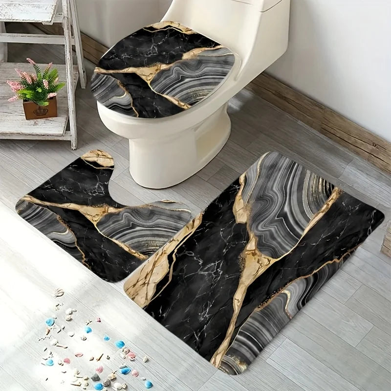1or4 Piece Black Marble Shower Curtain Set - Modern Abstract Texture Bathroom Decor - Washable Fabric Curtain - Rugs and Cover