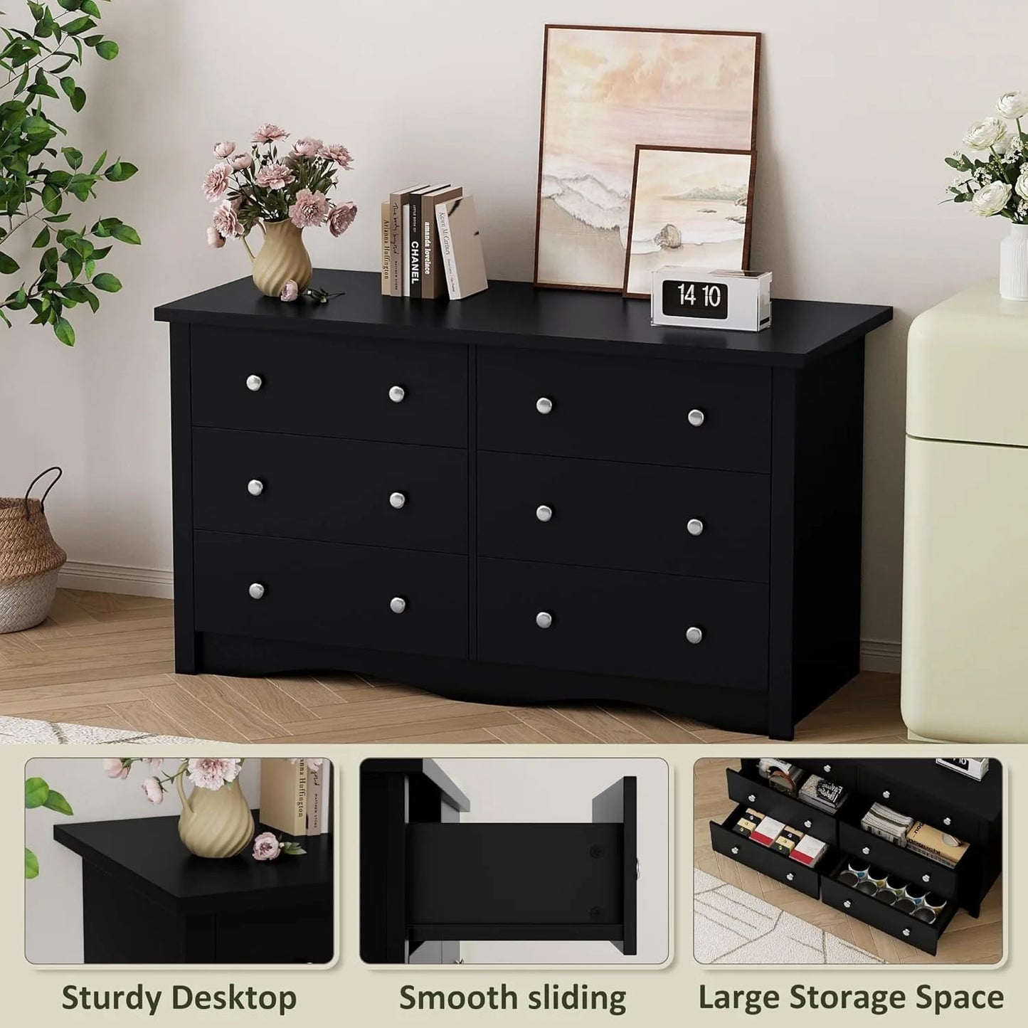 Black 6 Drawer Dresser Modern Wood Chest for Bedroom Living Room Closet Hallway