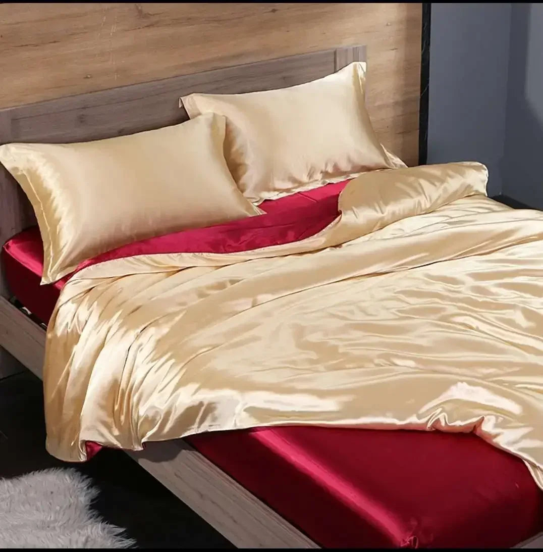 Mulberry 100% Silk Bedding Sets Skin Friendly Ice Silk Bed Sets Quilt Cover with Bed Sheet Pillowcase King Queen Full Twin Size
