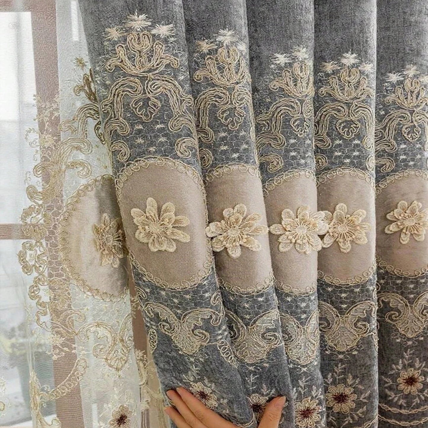 1pc Luxury European Style Chenille Floral Curtains,Light Blocking Embroidered Drapes for Living Room,Bedroom,High-End Home Decor