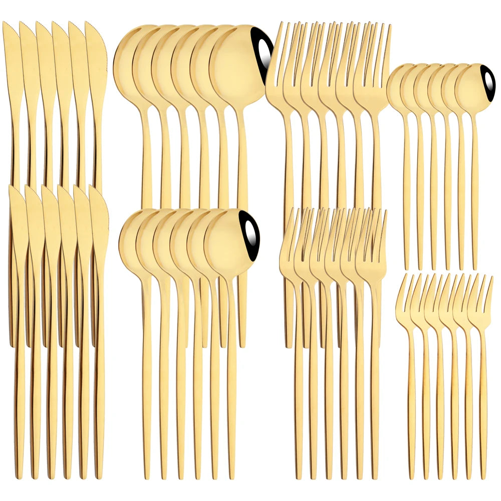 48pcs Black Gold Cutlery Set Knife Dessert Fork Coffee Spoon Dinnerware Stainless Steel Tableware Western Party Kitchen Flatware