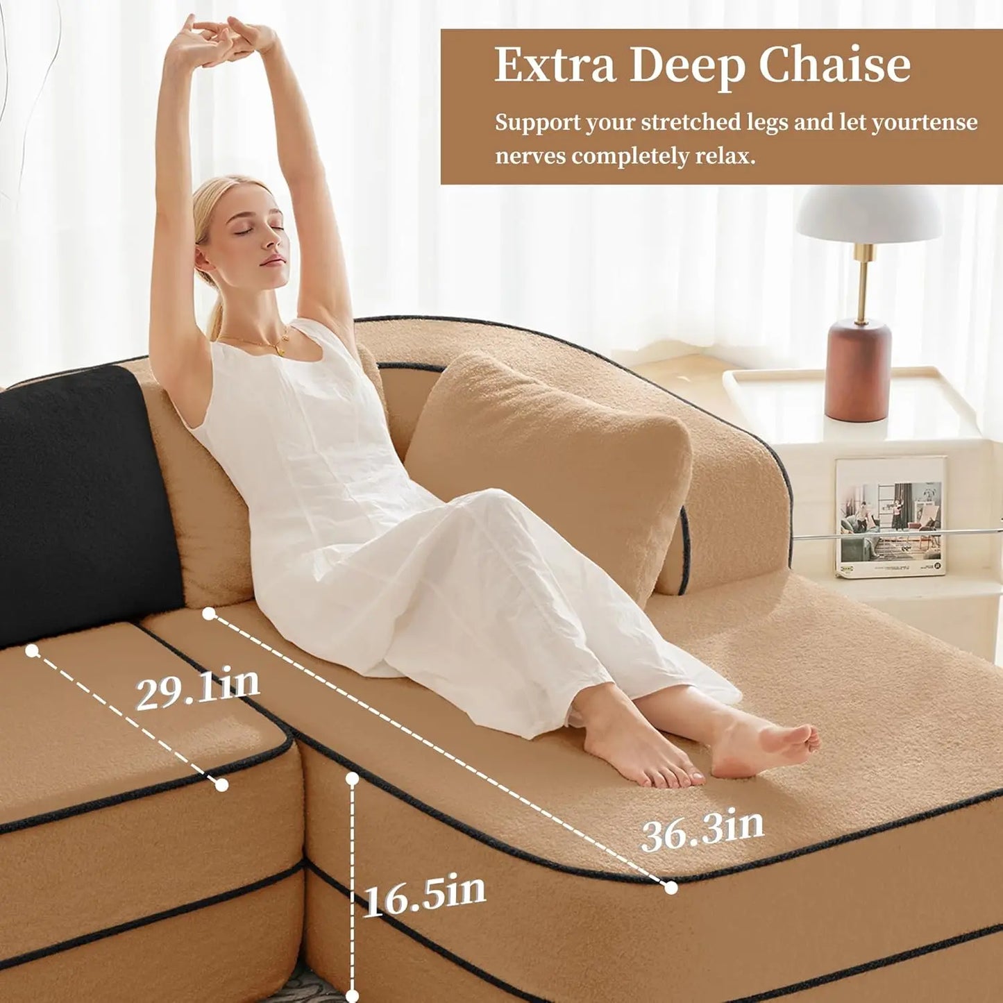 105.9" Contrast Color Boneless Sectional Couch, Teddy Fabric Foam Cloud Sofa, L Shaped Extra Deep Seat Wide Arm, Customized