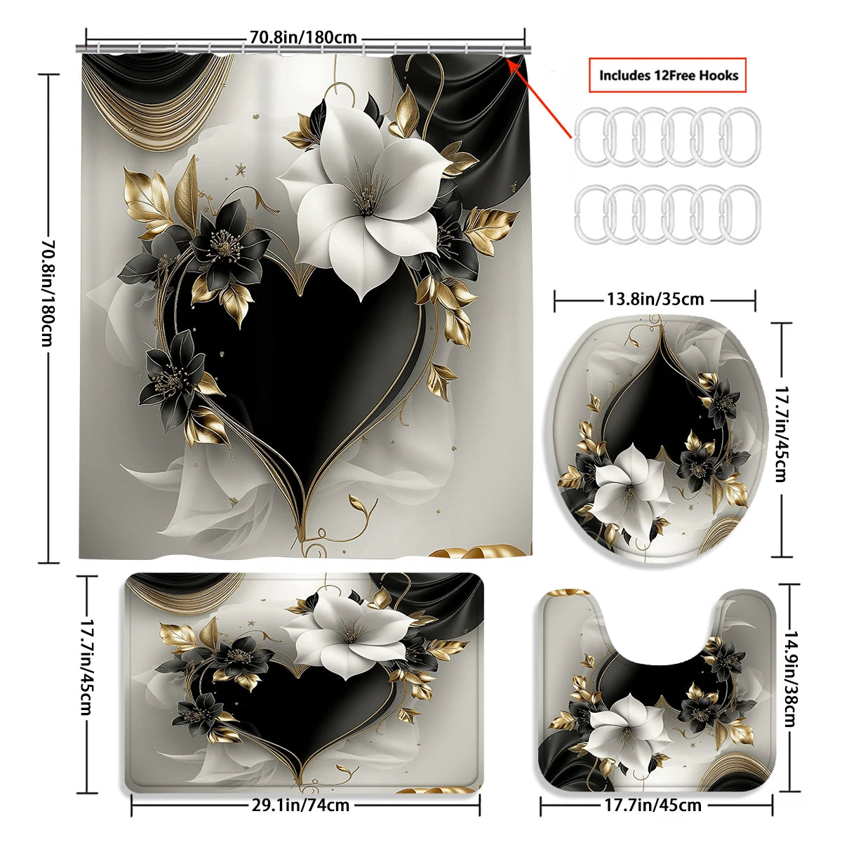 4Pcs Black Gold Heart Flower Shower Curtain Set with Hooks, Luxury Elegant Floral Print Waterproof Mildew Resistant Fabric Bath Mat for Family Bathroom Home Decor