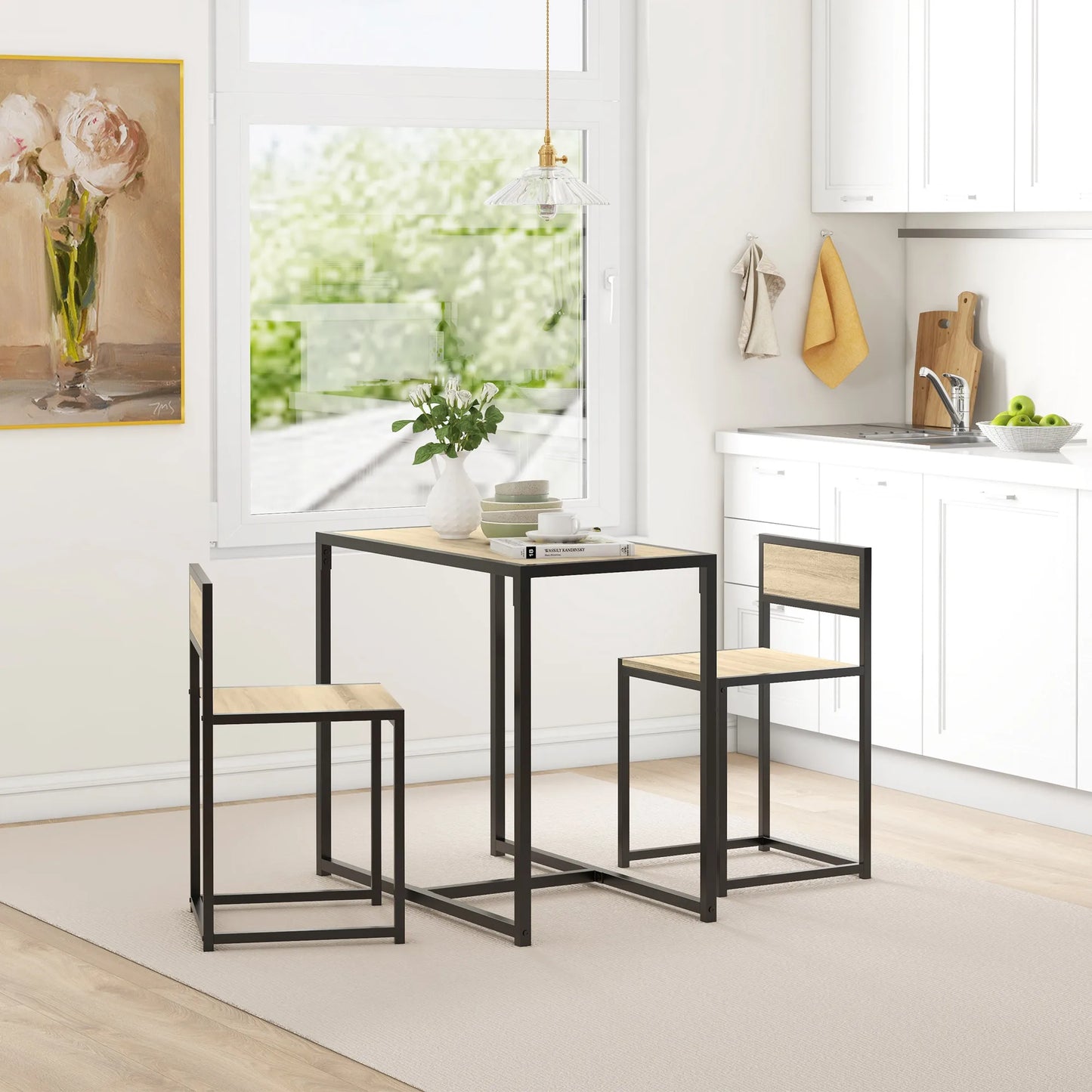 Homcom Small Dining Table Set for 2, Kitchen Table and Chairs Set, Compact Dining Sets for Small Spaces, Oak