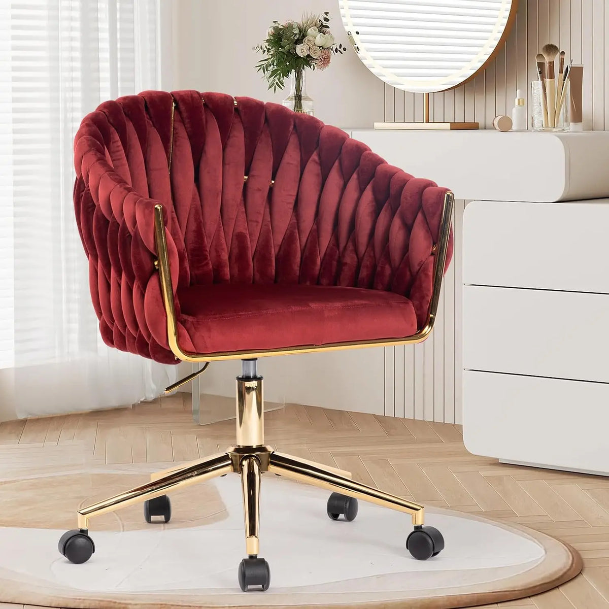 Cute Fabric Rolling Chair Vanity Office Desk Chair with Back Wheel Pink, Customized
