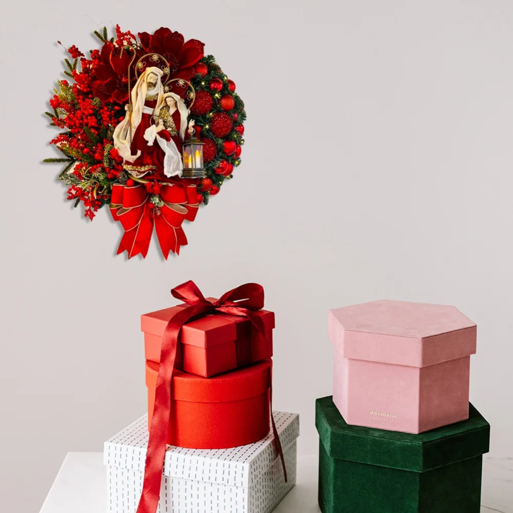 Hot sale Red Christmas Wreath Jesus Sacred Wreath Home Door Hanging Artificial Garland Christmas Home Decoration Party Supplies