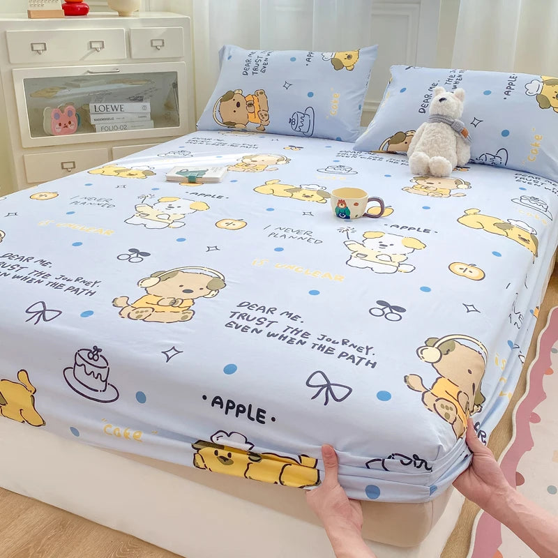 2025 New Bed Hat Print Cartoon Water Clouds Cotton Bedspread Student Mattress Cover Skin Friendly Full Wrap with Elastic Sheet