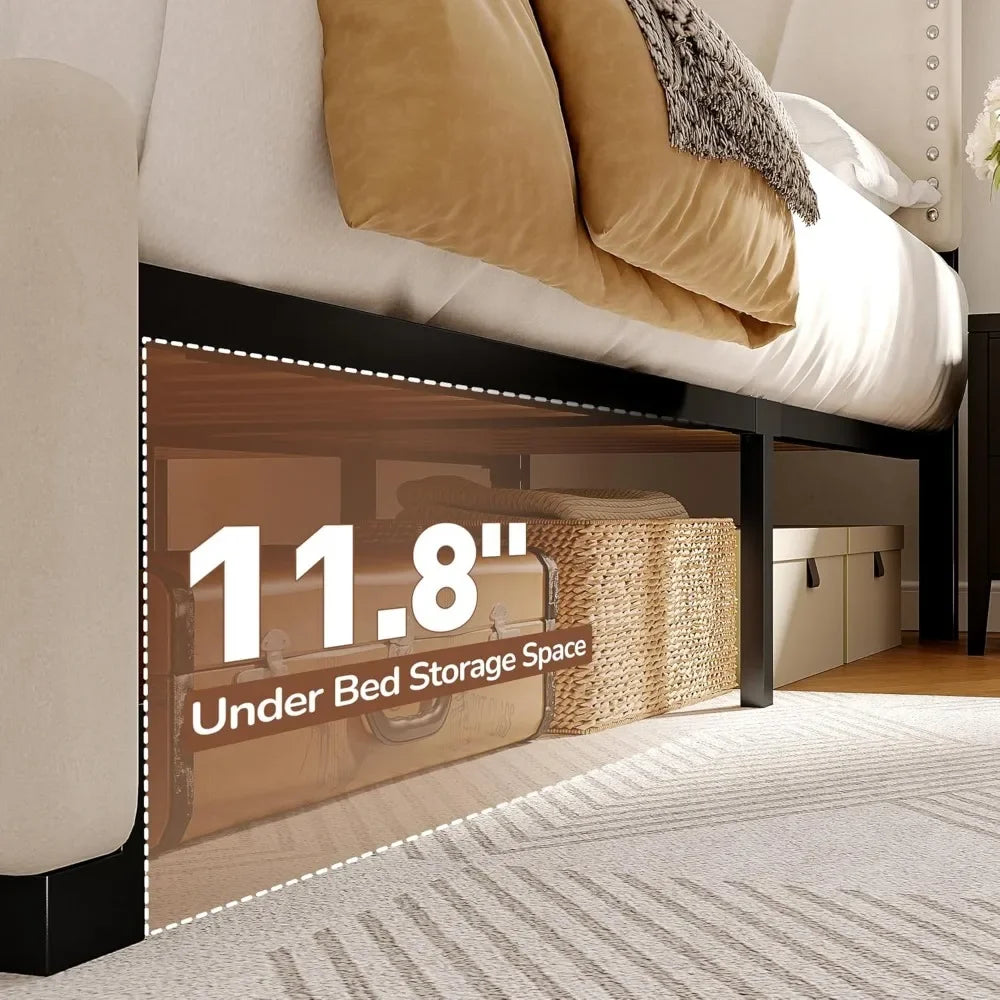 King-size Bed Frame, Velvet Bed Frame, with Headboard and LED Light, Platform Bed Frame, Beige