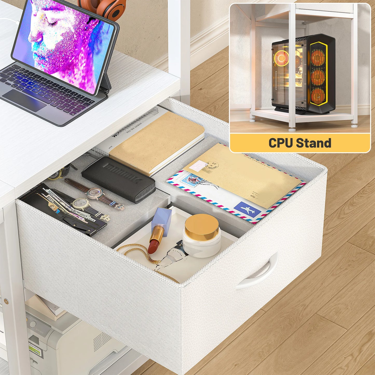 40"Gaming Computer Desk with Power Outlets RGB LED Lights Office Desk with Drawer Storage Shelves Monitor Stand For Small Space