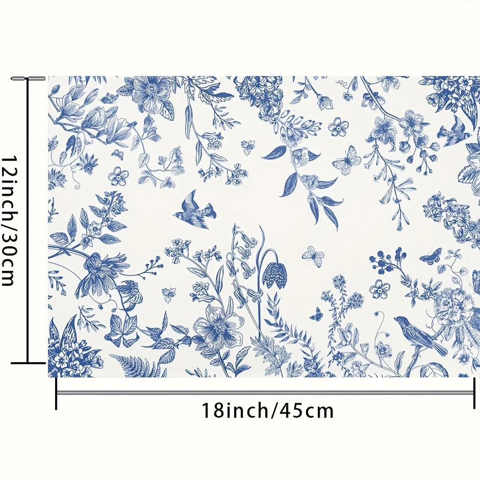 4pcs Linen Floral Placemats – Blue Hydrangea Pattern, 12x18in, Machine Washable Woven Table Mats for Home, Kitchen & Party Decor