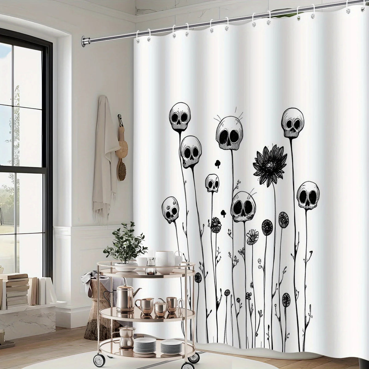 1pc Skull Floral Shower Curtain - Black & White Digital Art with Textured Petals, Horror Whimsical Surreal Nature Design, Machine Washable